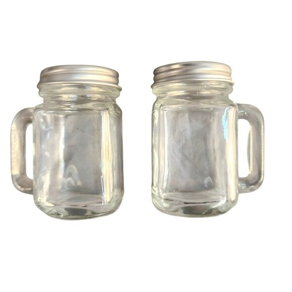 Set Of 2 Clear Glass Mini Mason Jar Mugs With Silver Screw Lids - Picture 2 of 7